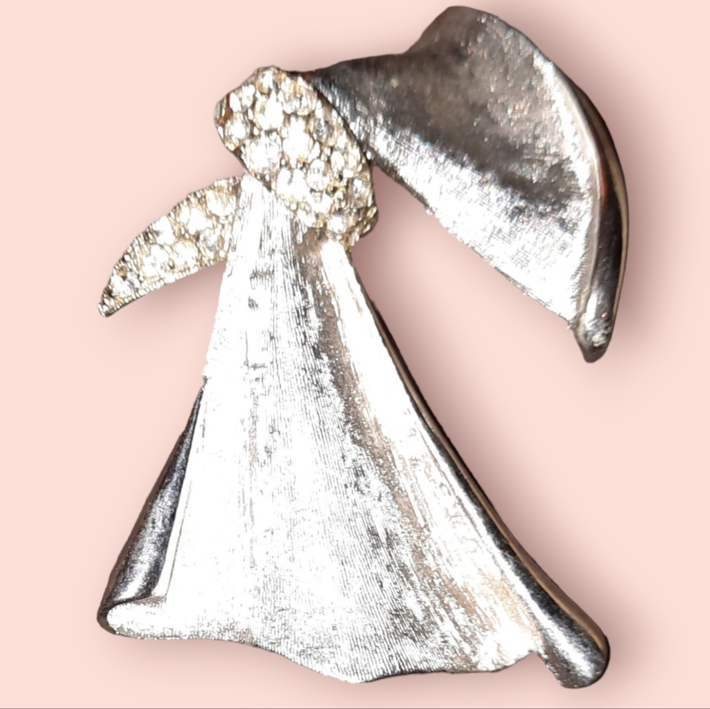 Vintage BSK Signed Silvery Angel Rhinestone Brooch Abstract Estate Collectible
